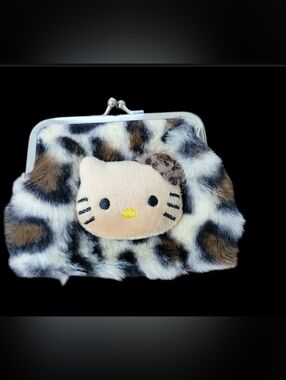 Hello Kitty Leopard Plush Kiss Lock Coin Purse - Brown, Black, Cream Faux Fur